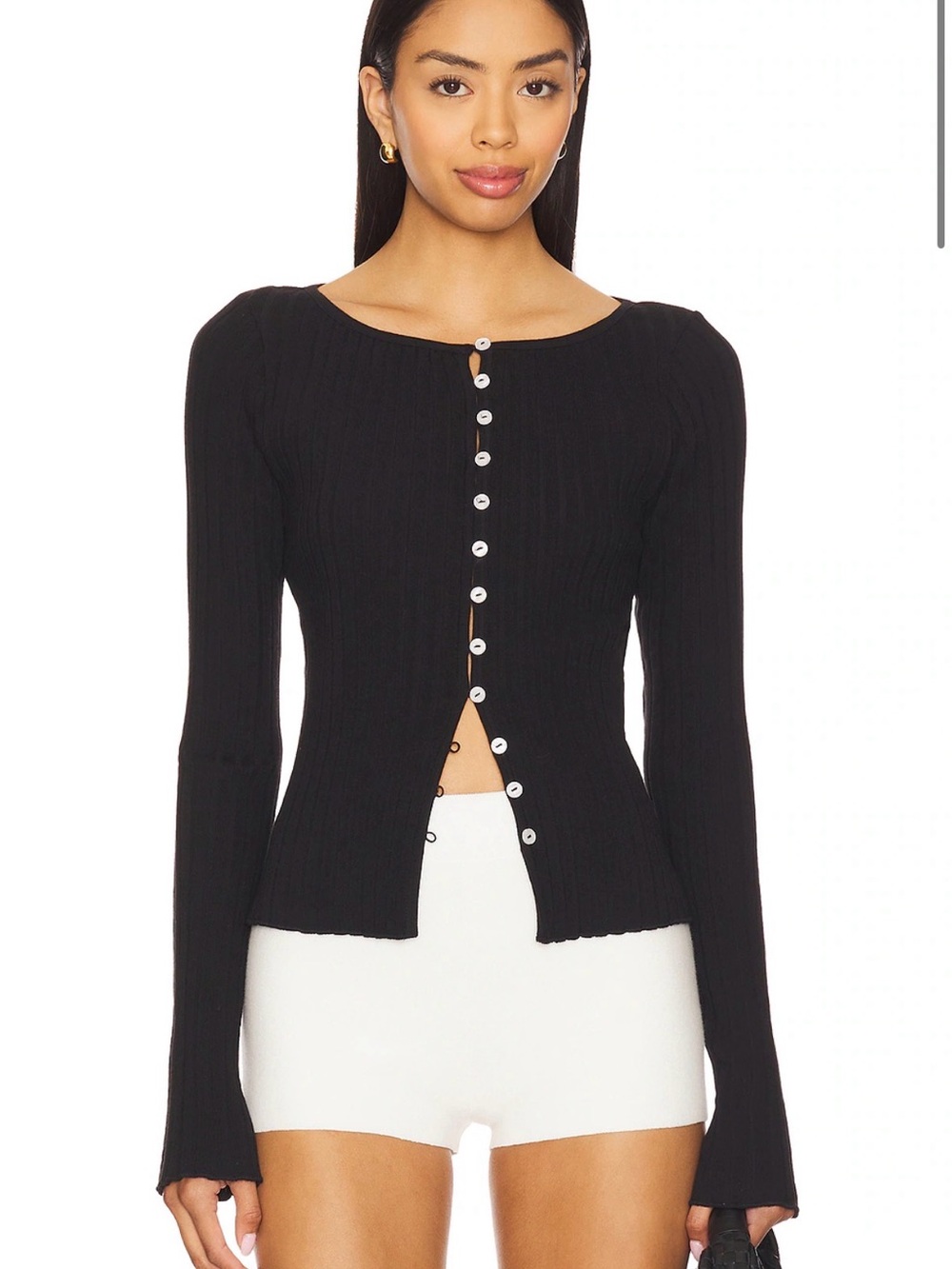 Free People Tilly Long sleeve Black Ribbed Button-Front Top